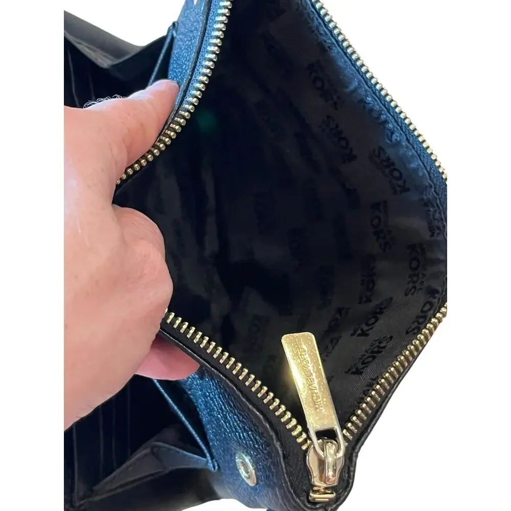 Michael Kors Black Pebbled Leather Shoulder Bag Crossbody Zip Purse Gold MK Logo